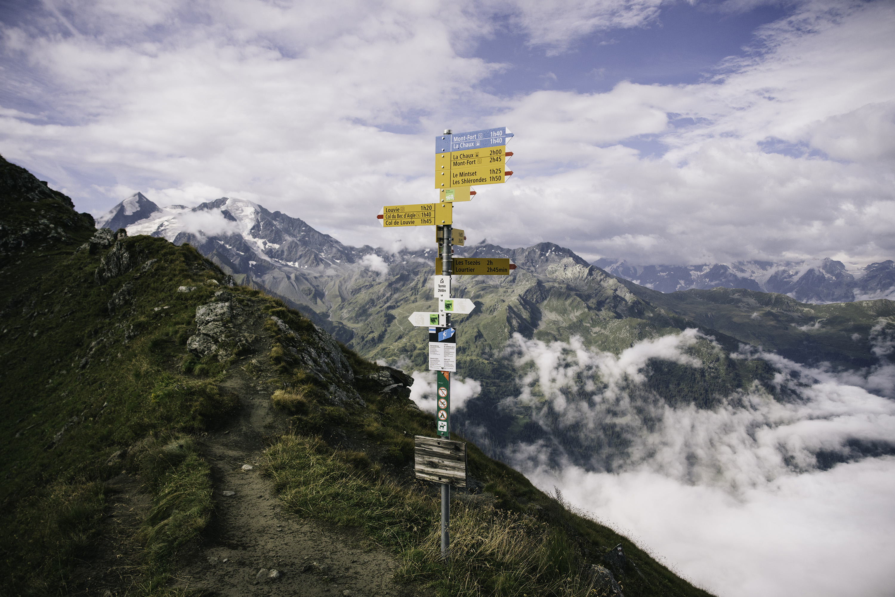 A signpost on a Swiss mountain trail