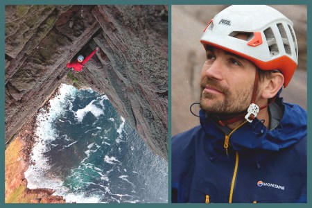 A side-by-side image: on the left, Jesse Dufton climbing the Old Man of Hoy, and on the right, a side profile of Dufton with his climbing helmet on.