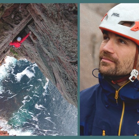 A side-by-side image: on the left, Jesse Dufton climbing the Old Man of Hoy, and on the right, a side profile of Dufton with his climbing helmet on.