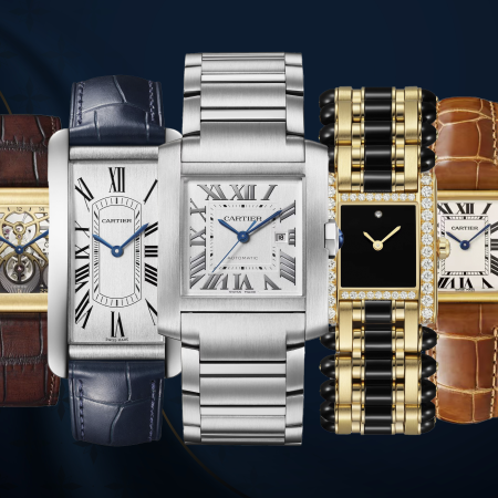 Cartier's Tank Normale watch, Tank Américaine watch, Tank Française watch, Tank Jewelry watch and Tank Louis Cartier watch against a navy blue background