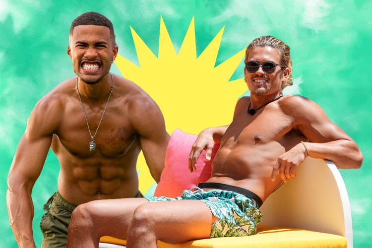 An edit featuring two shirtless men flexing in front of a light green background.