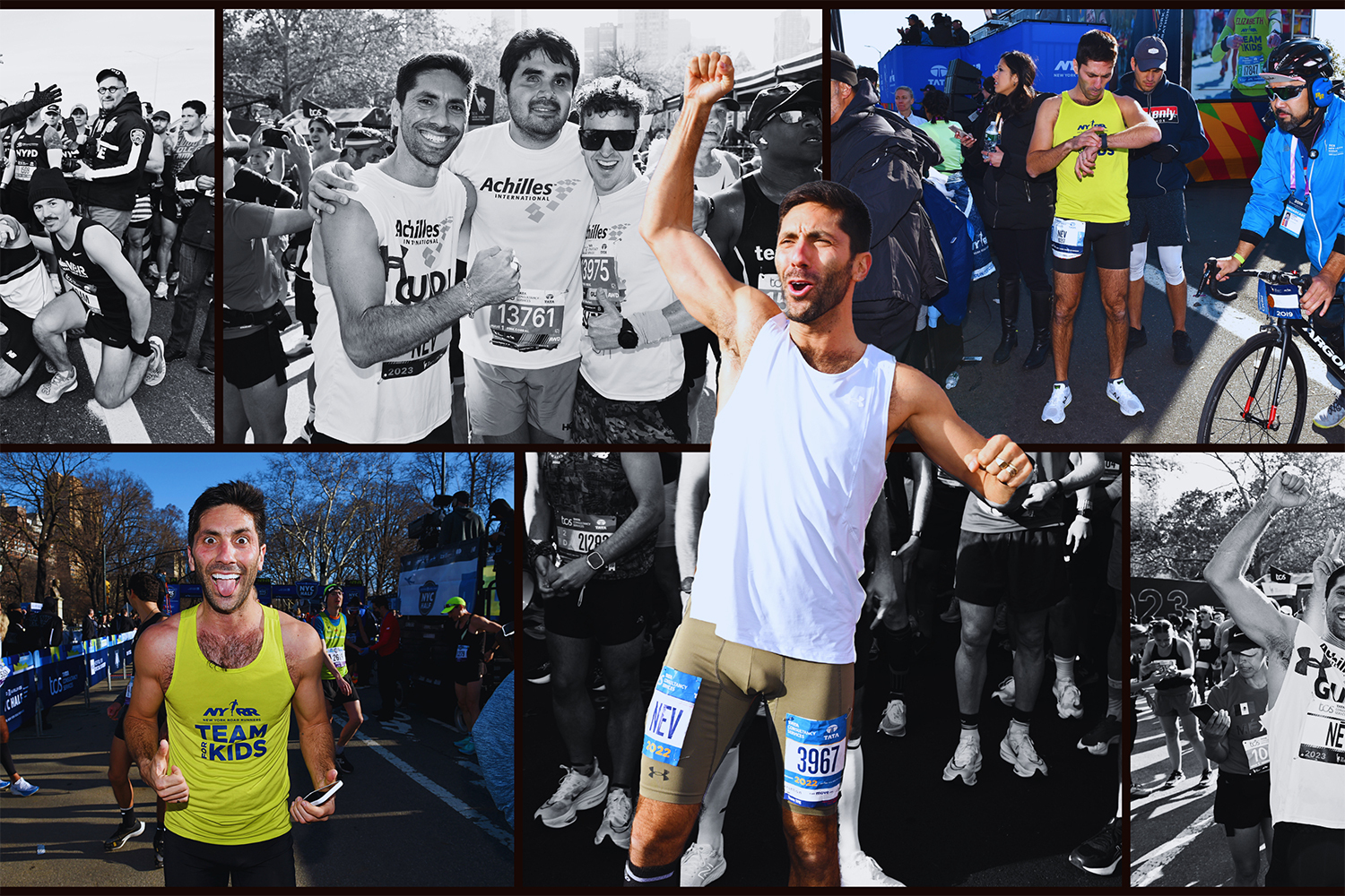 A collage of photos featuring Nev Schulman at the New York City Maratahon, including a photo of the TV star with Francesco Magisano.