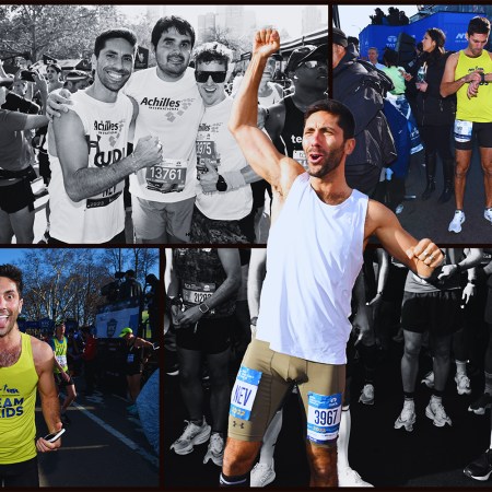 A collage of photos featuring Nev Schulman at the New York City Maratahon, including a photo of the TV star with Francesco Magisano.