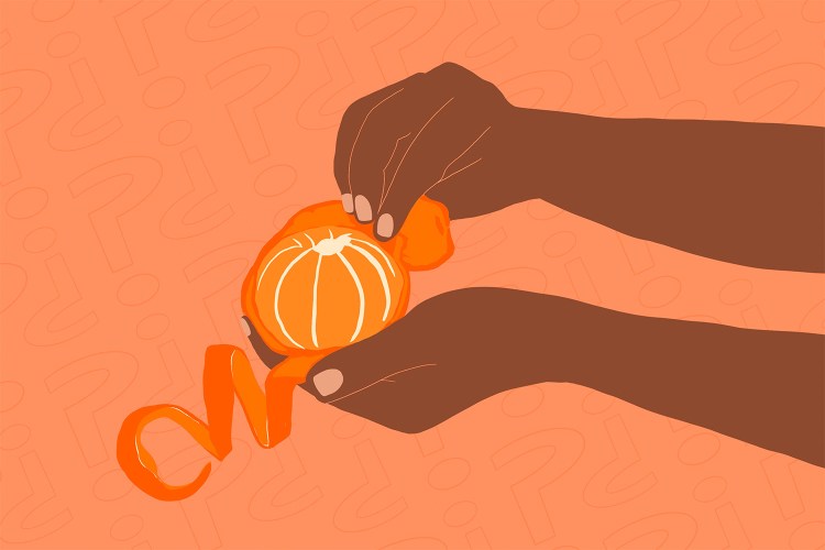 An illustration of a person peeling an orange.