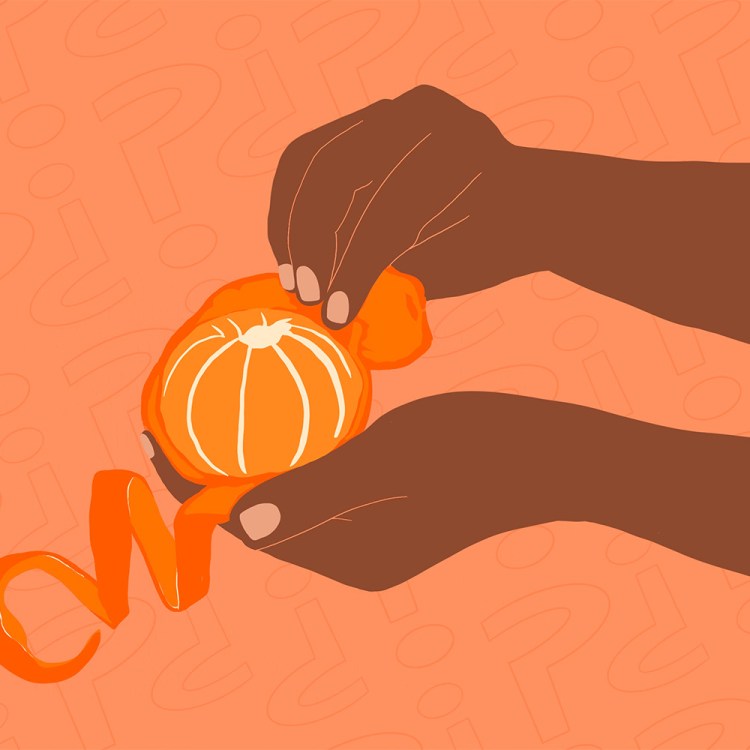 An illustration of a person peeling an orange.