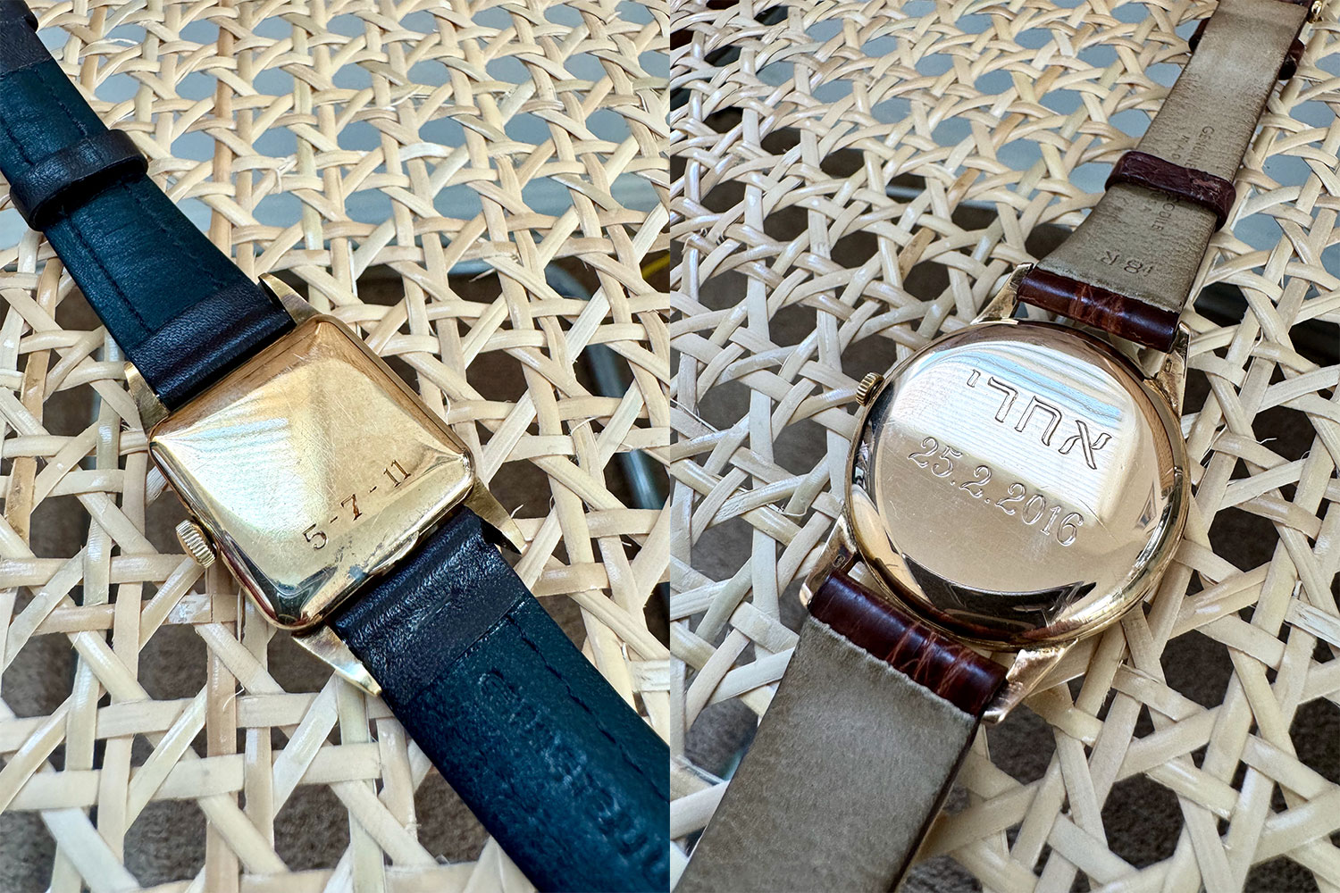 Two of watch writer Oren Hartov's engraved timepieces: a 1947 Longines [left] and IWC Caliber 89