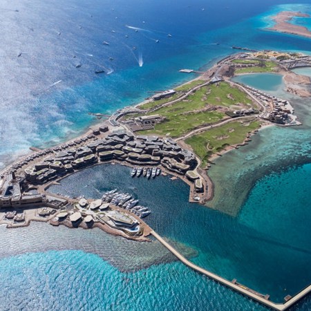 An aerial view of Sindalah, the new island resort in Saudi Arabia that's part of the larger Neom development