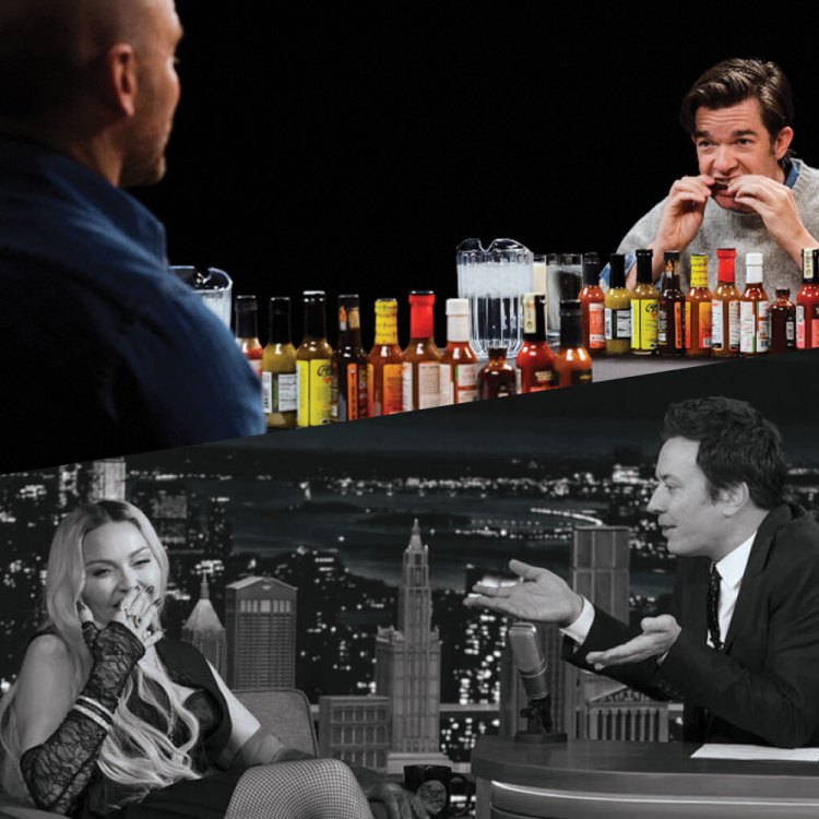 Top: Sean Evans of "Hot Ones" interviewing John Mulaney. Bottom: Jimmy Fallon of "The Tonight Show" interviewing Madonna.