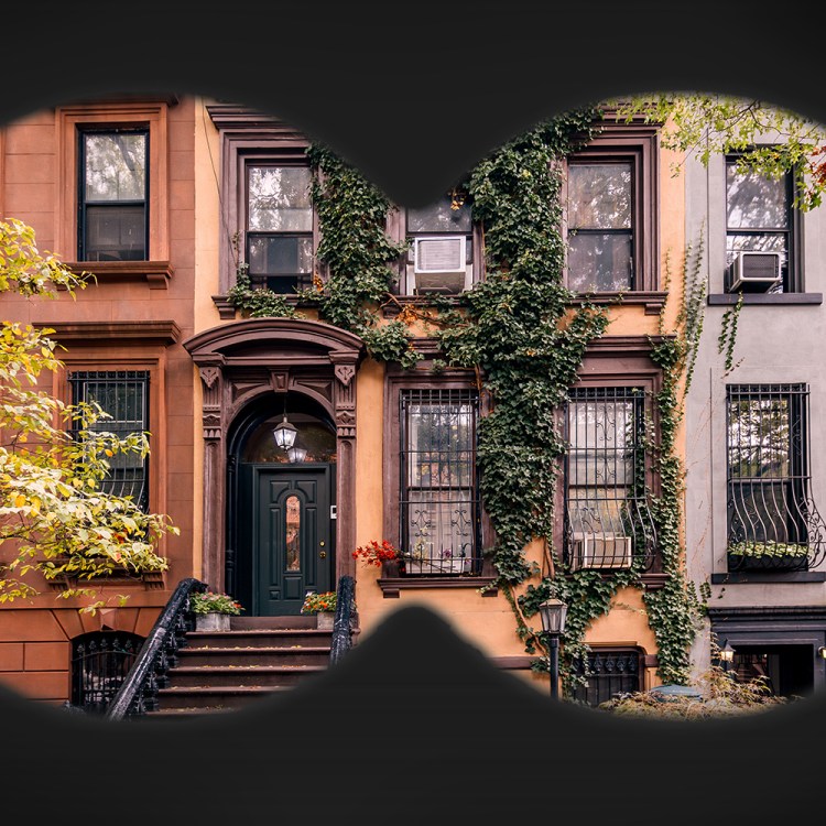 A binocular view looking into the windows of brownstones in Manhattan. Why are we all so obsessed with seeing in other people's homes these days?