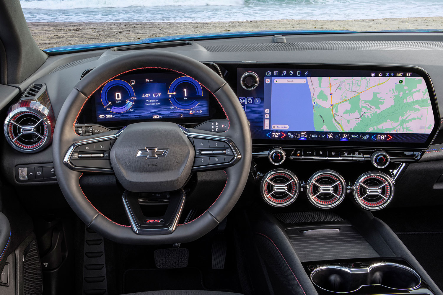 The gauge and infotainment screens and steering wheel on the Chevrolet Blazer EV