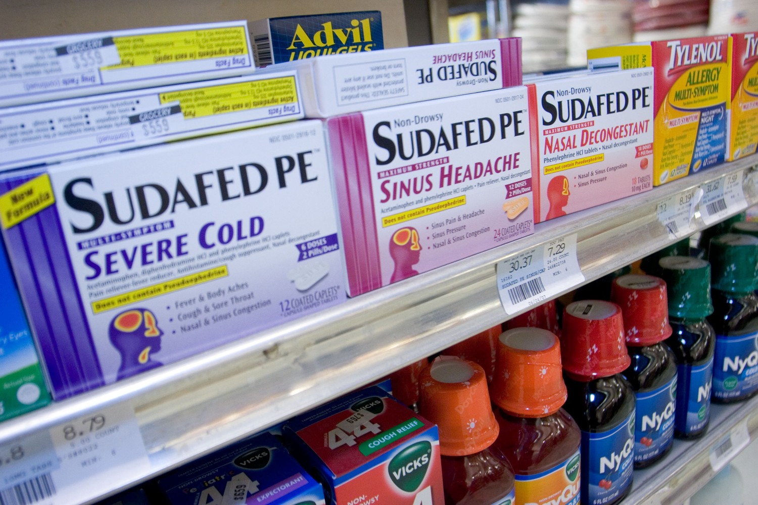 Sudafed boxes on a shelf