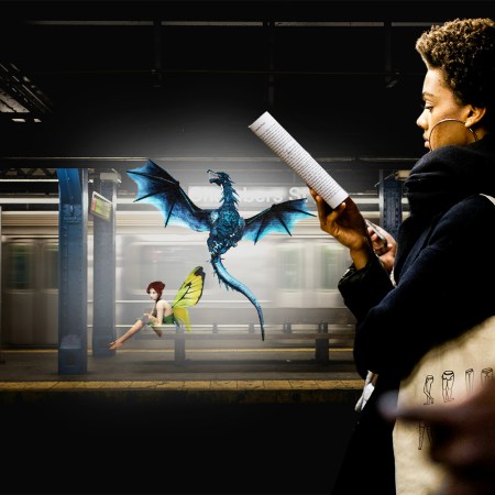 A woman reads a romantasy book on a subway platform with a faerie and dragon in the background