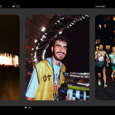 Three photos featuring a running photographer, a blurry image of a man running and a group of people running at night.