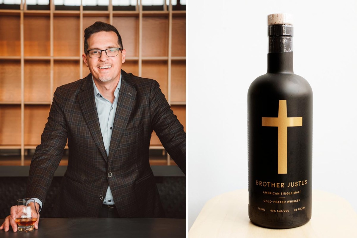 Brother Justus founder Phil Steger; a bottle of Brother Justus Cold-Peated