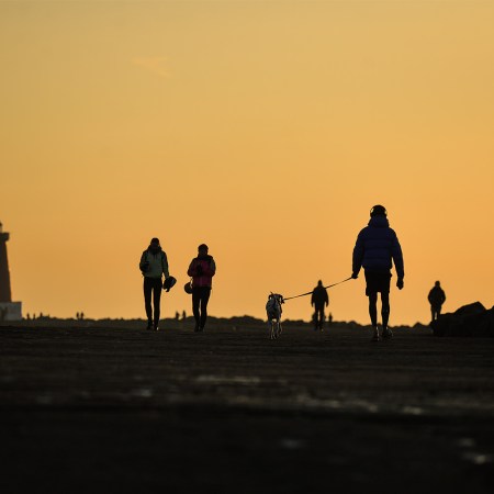 A smattering of exercisers on a dock at sunrise.