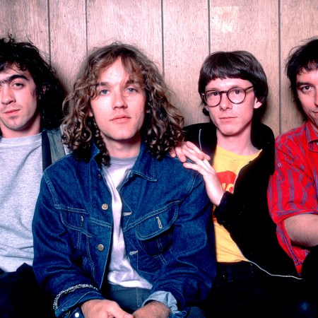 [L-R] Bill Berry, Michael Stipe, Mike Mills and Peter Buck of R.E.M. at the Aragon Ballroom in Chicago, Illinois on July 7, 1984.