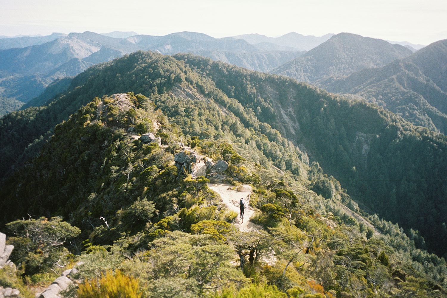 An aerial image of a cyclist navigating tricky terrain.