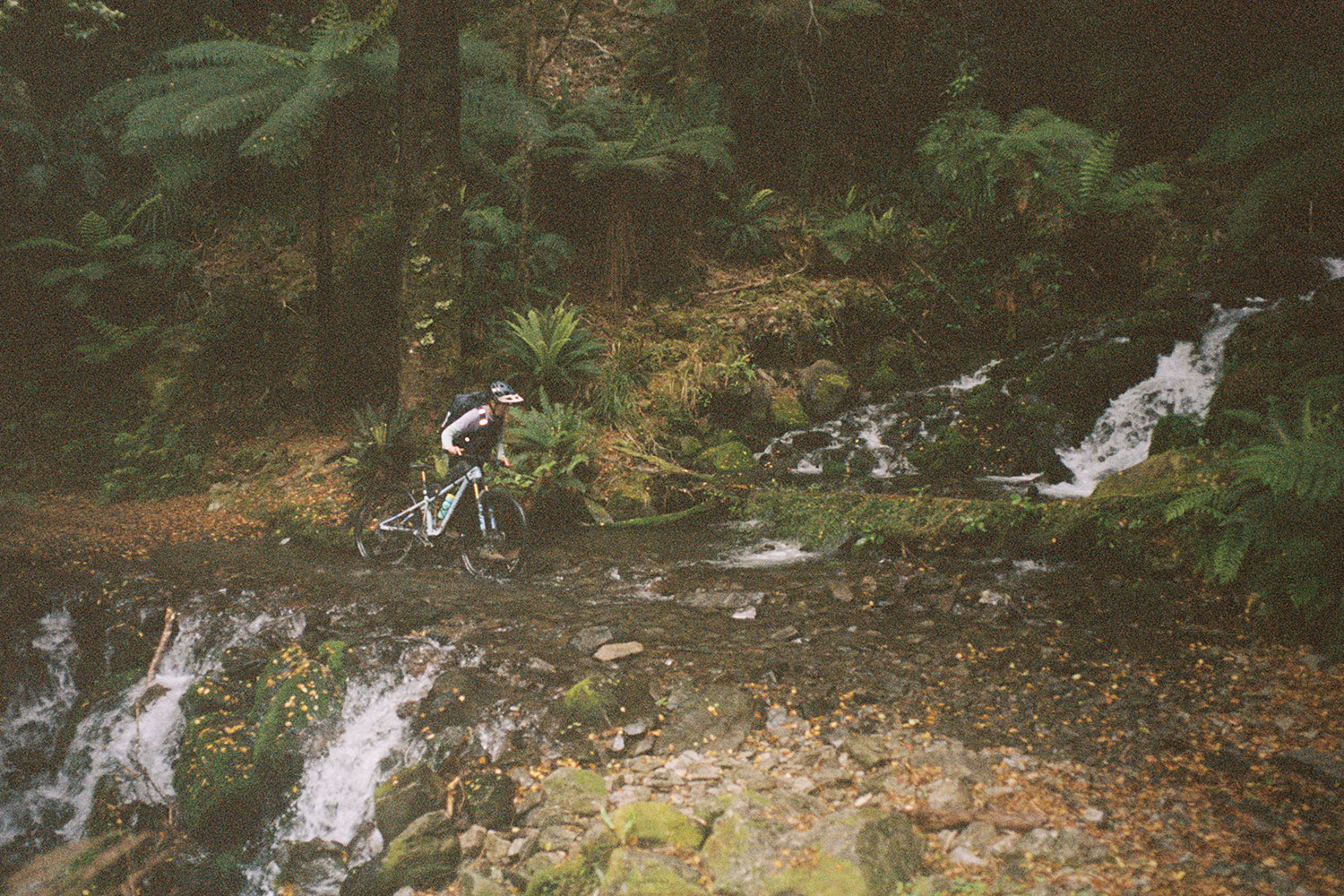 A female cyclist pushing her bike across a small creek.