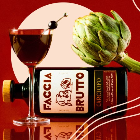 faccia brutto's carciofo bottle with a cocktail and artichoke on a red background