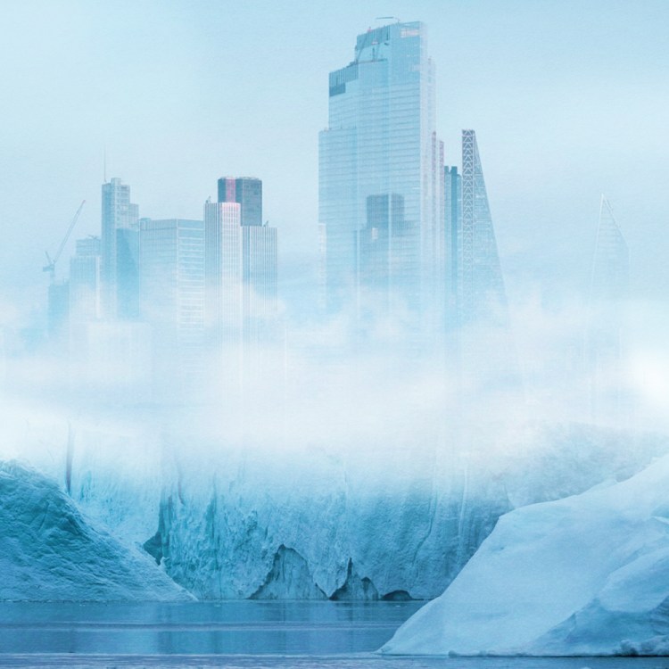 A futuristic city superimposed over Greenland