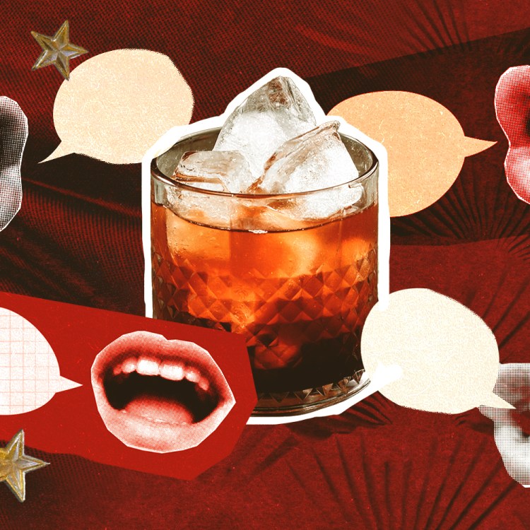 A Black Russian cocktail surrounded by mouths with talk bubbles