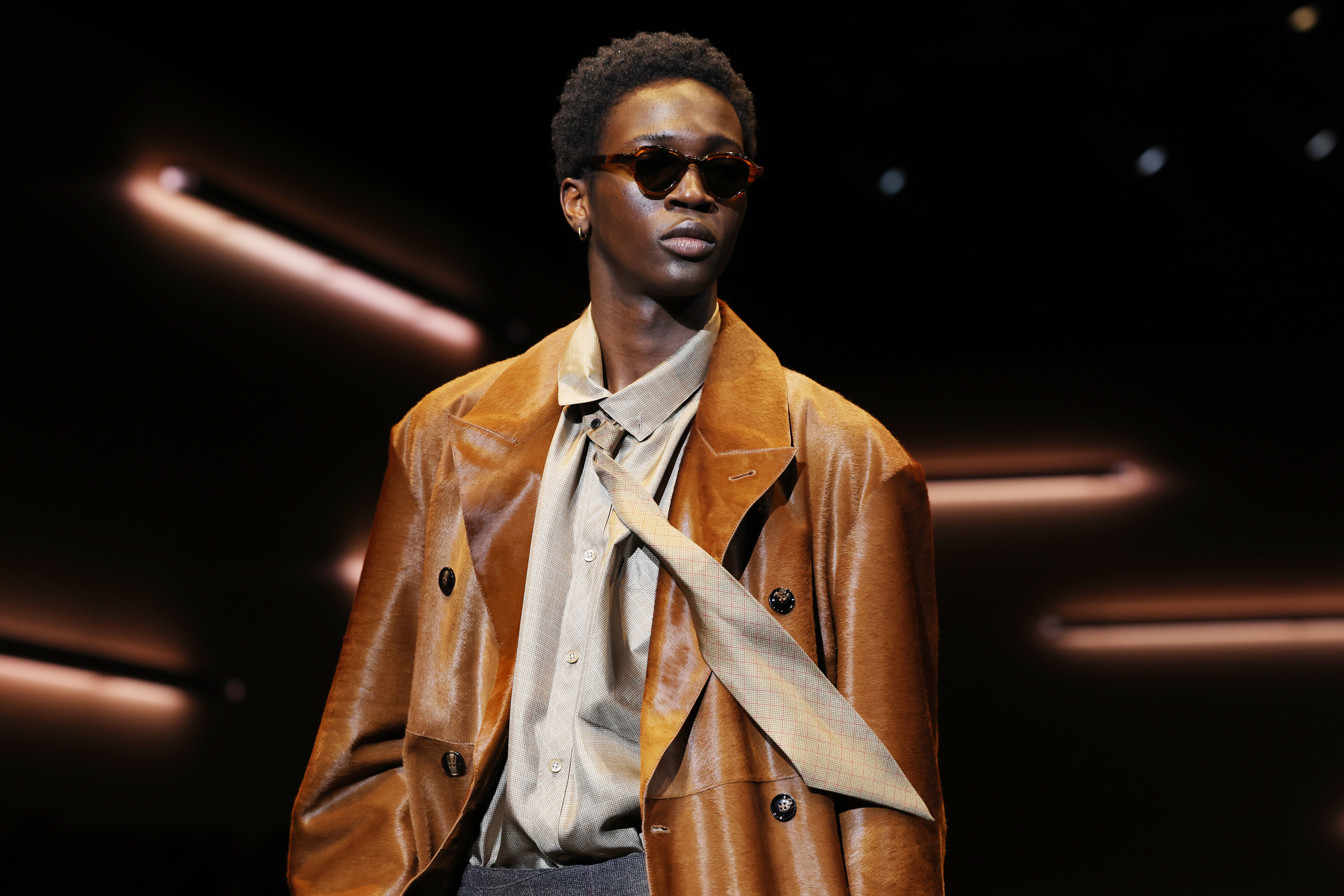 MILAN, ITALY - JANUARY 18: A model walks the runway at the Emporio Armani fashion show during the Milan Menswear Fall/Winter 2025 - 2026 Fashion Week on January 18, 2025 in Milan, Italy. (Photo by Stefania D'Alessandro/WireImage)