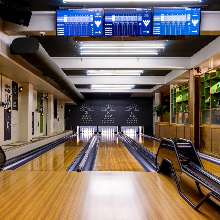 The bowling lanes at Fifth Arrow, a bowling alley underneath August Hall in San Francisco