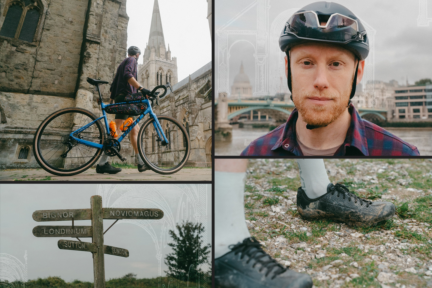 Four images, featuring Stapleford pushing his bike through an old square, a profile photo while wearing his bike helmet, signage for the Roman roads, and his bike cleats against the grass.