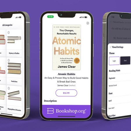 Three smartphones showing different views of the new e-book app from Bookshop.org