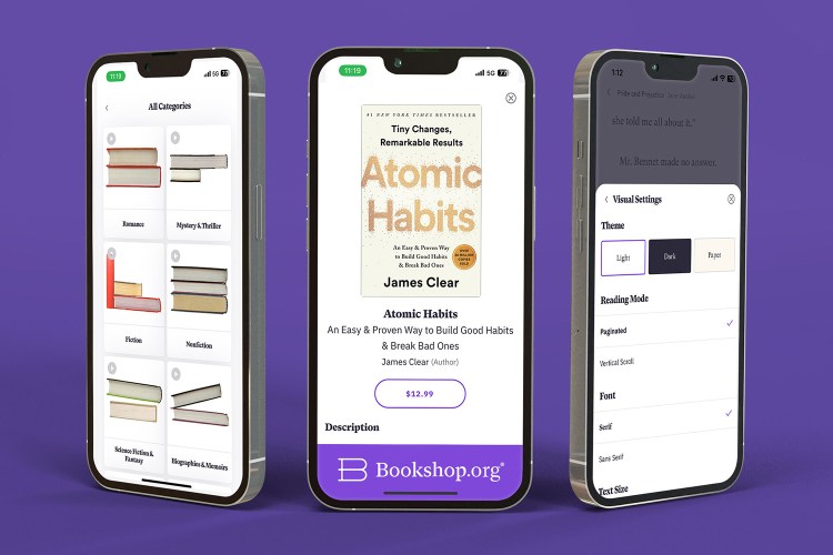 Three smartphones showing different views of the new e-book app from Bookshop.org