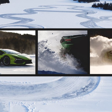 A collage of Lamborghini vehicles driving on a frozen lake in Quebec during an Esperienza Neve event