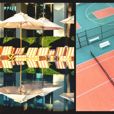 A side-by-side image featuring a pool with umbrellas on the left, and an aerial view of a pickleball court on the right at W South Beach in Miami, Florida