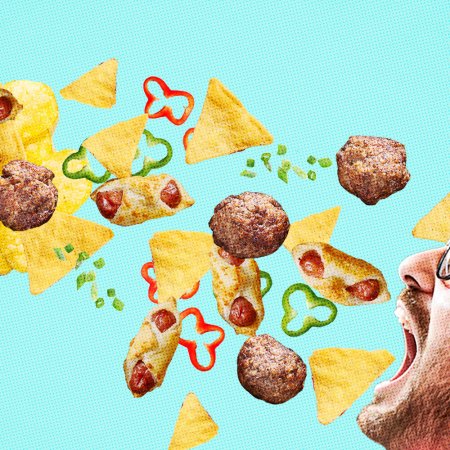 snack foods like chips and pigs in a blanket flying out of a paper bag and into a man's mouth