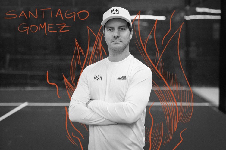 A profile shot of Santiago Gomez with illustrated flames.