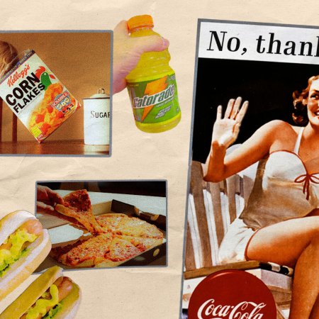 A collage of ultra-processed foods: hot dogs, Coke, pizza, Gatorade, cereal.